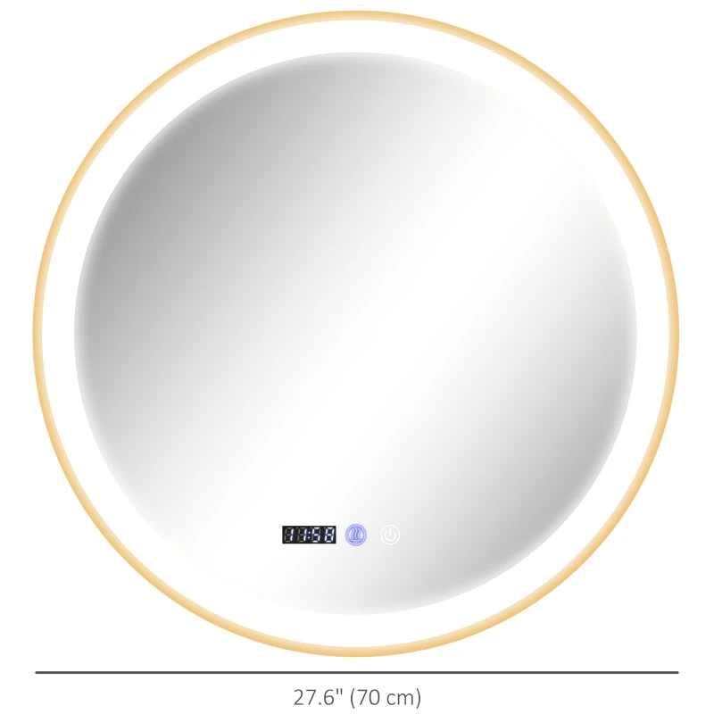 HOMCOM 28" Round Bathroom Mirror with LED Lights, Wall Mounted Vanity Mirror with Anti-Fog Pad, Time and Temp Display, Gold