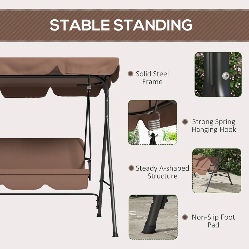 Outsunny Large Family Swing Set, 3-Seat Adjustable Canopy Swing Bench with Cushion, Steel Frame Stand for Patio, Garden, Family Use, Brown
