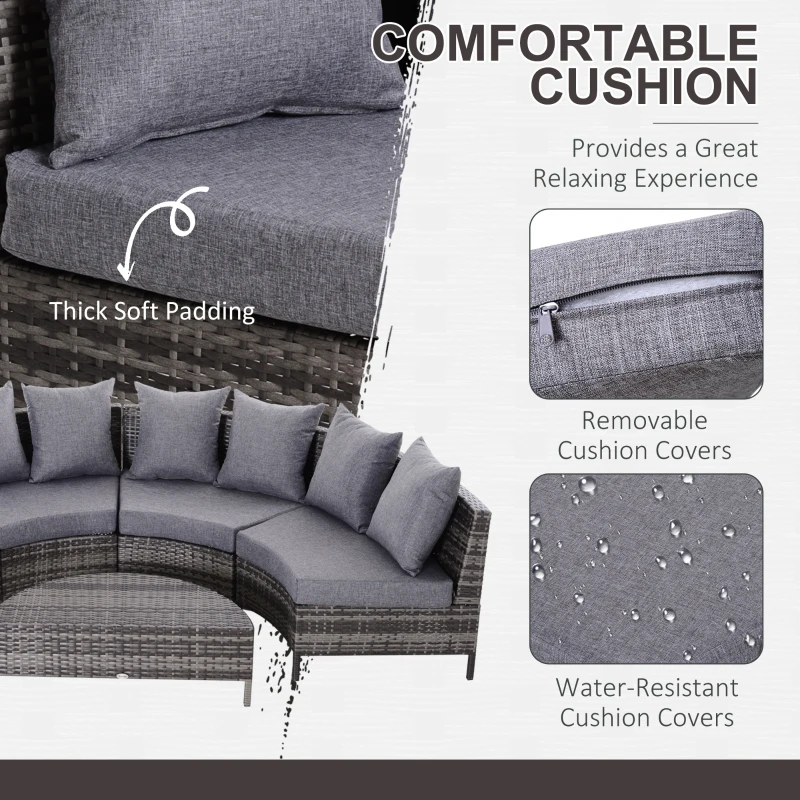 Outsunny 5PC Patio Furniture Set Outdoor Garden Rattan Wicker Sofa Cushioned Half-Moon Seat Deck with Pillow, Table, Grey