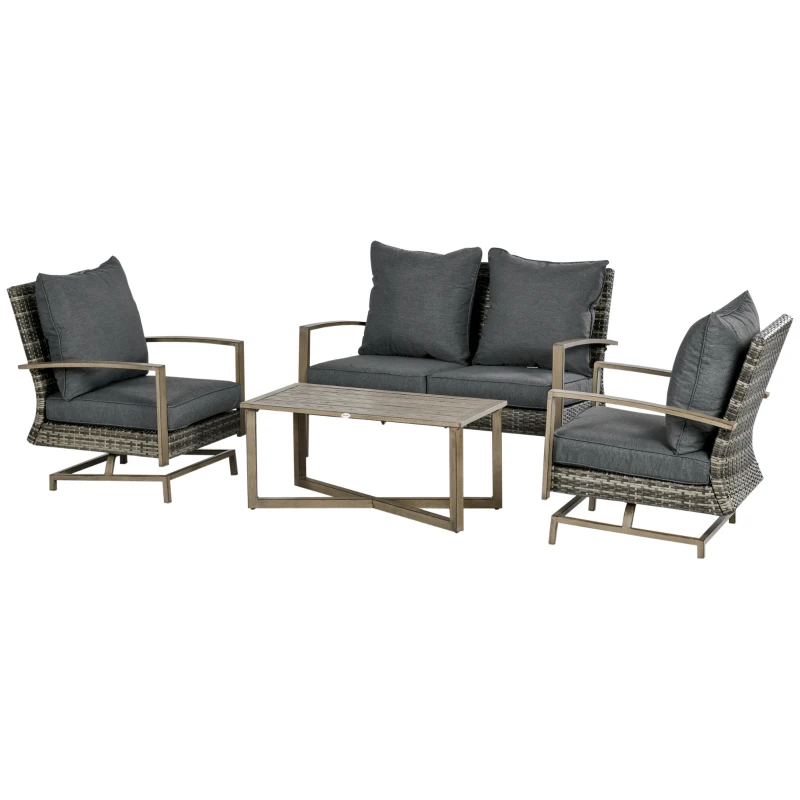 Outsunny 4 Piece Wicker Patio Furniture Set with 2 Rocking Chairs, Loveseat Sofa, Outdoor PE Rattan Conversation Set with Cushions, Aluminum Table for Porch, Poolside, Dark Gray
