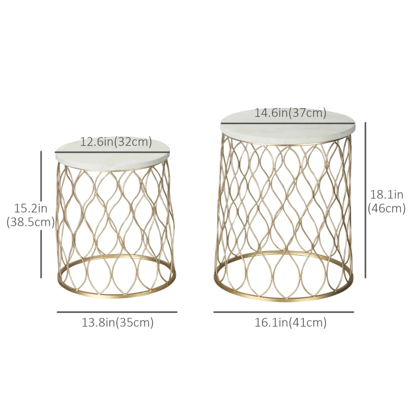 Outsunny Set of 2 Patio Round Nesting Coffee Table Set, Outdoor Stacking End Side Table with Metal Frame for Garden, Balcony, Backyard, Gold