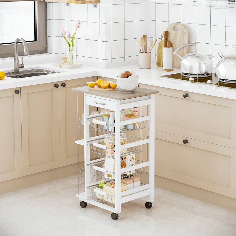 HOMCOM Rolling Kitchen Cart, Utility Storage Cart with 4 Baskets, Drawer, Side Racks, Wheels for Dining Room, Natural and White