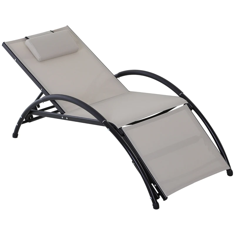 Outsunny Outdoor Lounge Chair with Breathable Mesh Fabric Seat, 5-Level Adjustable Reclining Chair with Aluminum Frame, Headrest Pillow, Adjustable Footrest, Beige