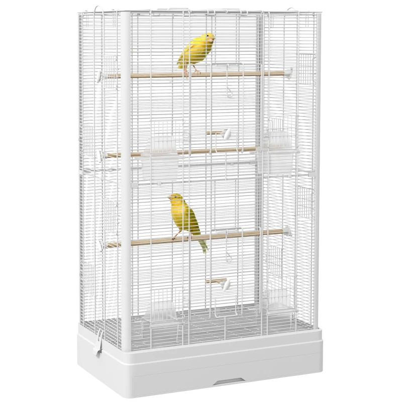 PawHut 39" Bird Cage for Budgie Finches Canaries Love Birds with Wooden Stands, Slide-Out Tray, Handles, Food Containers, White