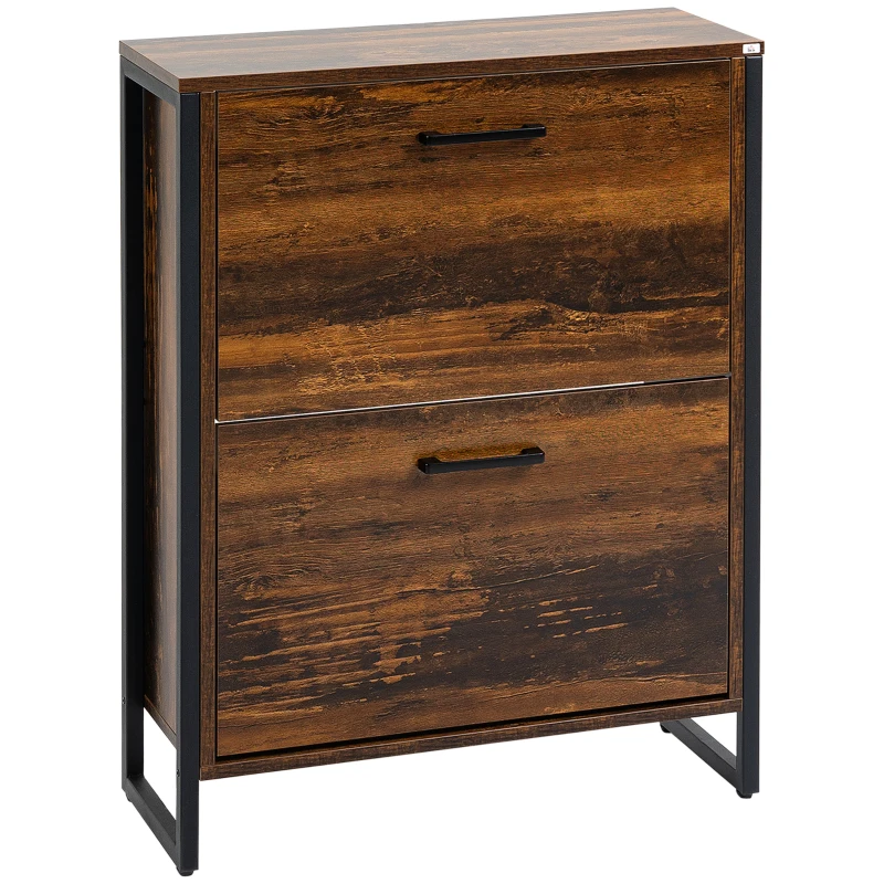 HOMCOM Shoe Cabinet with 2 Flip Doors, Slim 2-Drawer Shoe Cupboard with Divider and Open Compartment for 12 Pairs of Shoes, Entryway Storage Unit, Rustic Brown