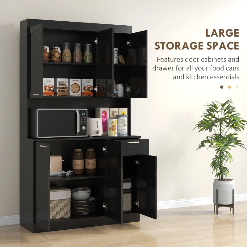 HOMCOM 71" Kitchen Pantry Cabinet, Storage Buffet with Hutch, Adjustable Shelves for Living Room, High Gloss Black