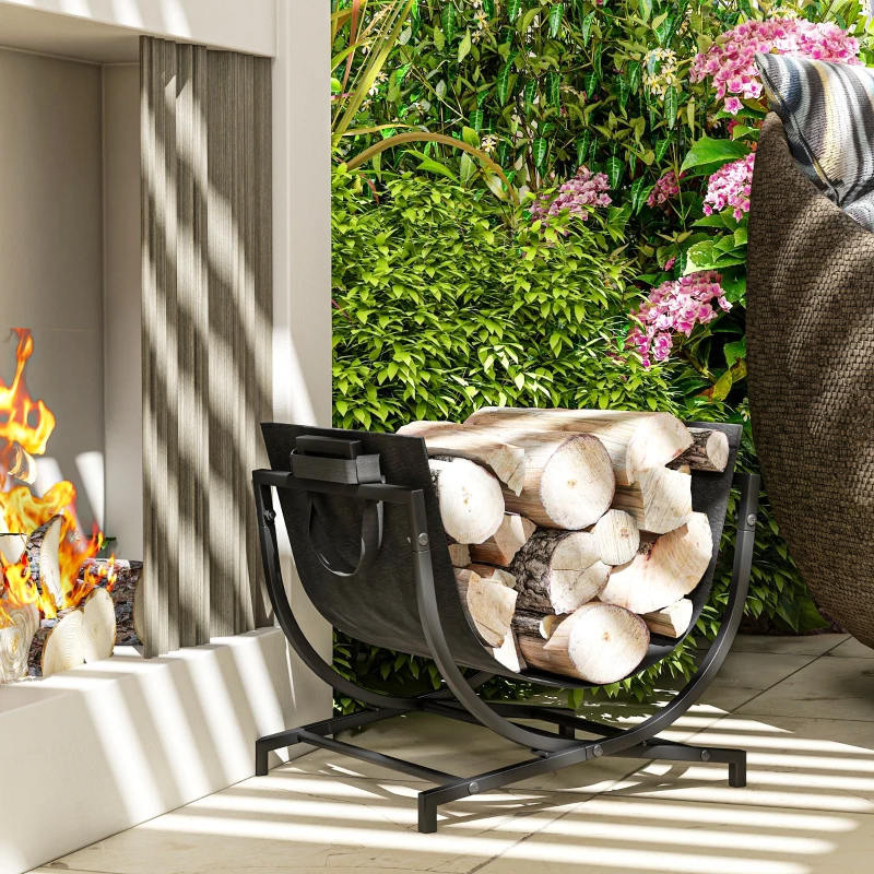 Outsunny Folding Firewood Rack Indoor Outdoor Wood Storage Log Holder with Canvas Carrier, Handles, 16.9" x 15" x 15.9", Black