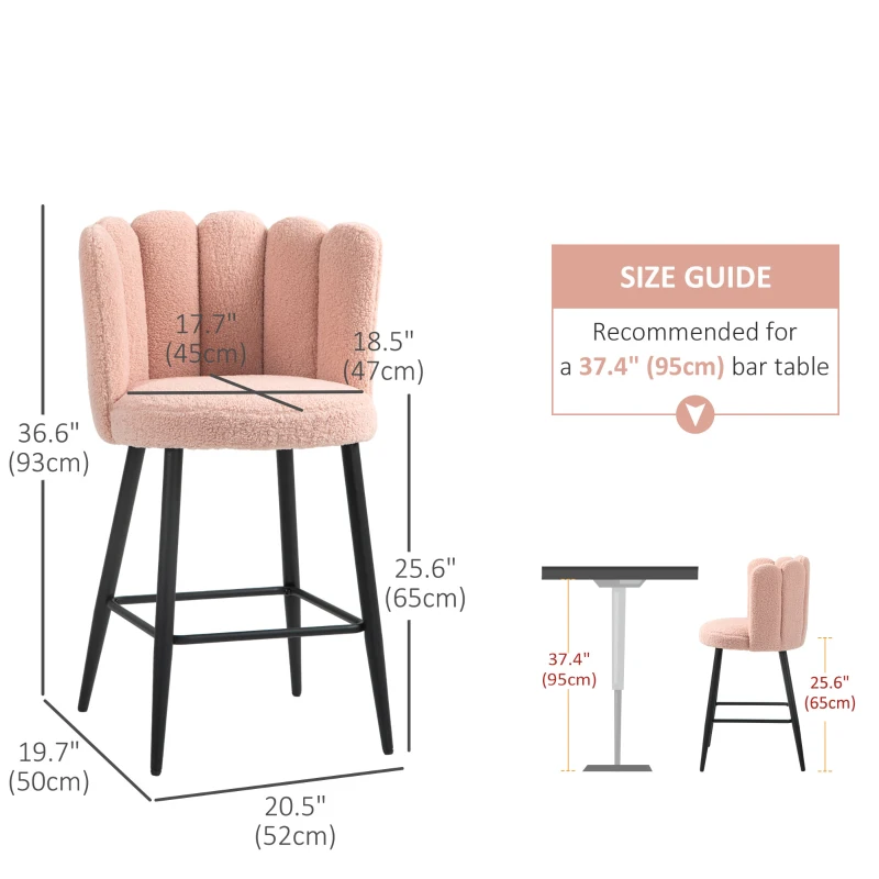 HOMCOM Faux Cashmere Bar Stools Set of 2 Counter Height Bar Stools with Back for Home Kitchen, 20.5"x19.7"x36.6", Pink