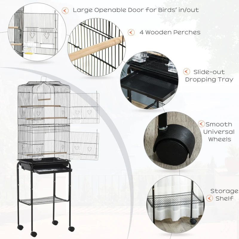 PawHut 62" Rolling Bird Cage Cockatoo House Play Top Finch Pet Supply with Storage Shelf, Wheels - Black