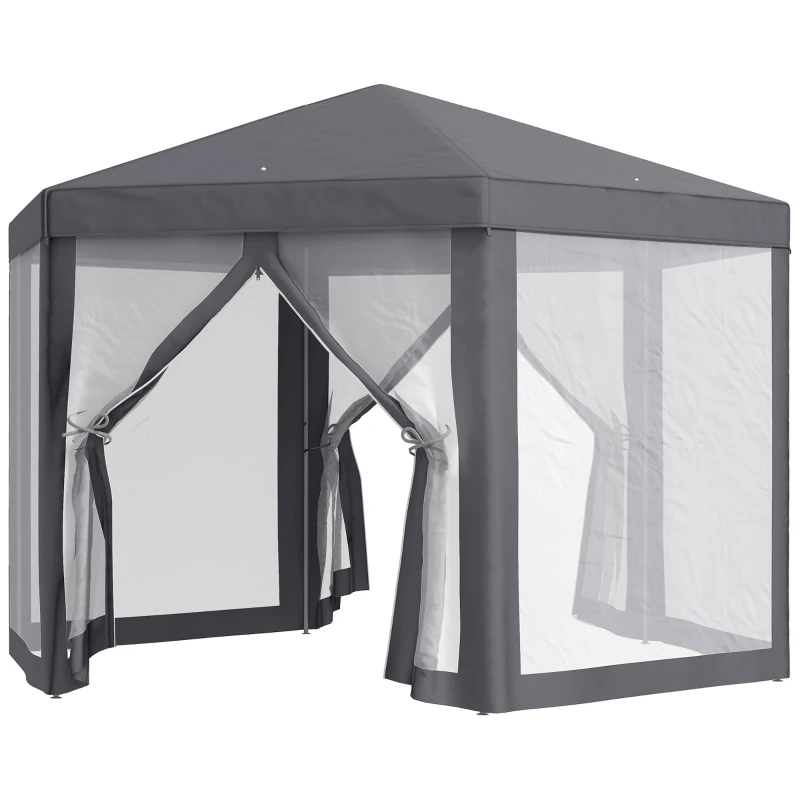 Outsunny Φ13' Hexagon Party Tent Patio Gazebo Outdoor Activity Event Canopy Quick Sun Shelter Pavilion with Netting Mesh Sidewall Dark Grey