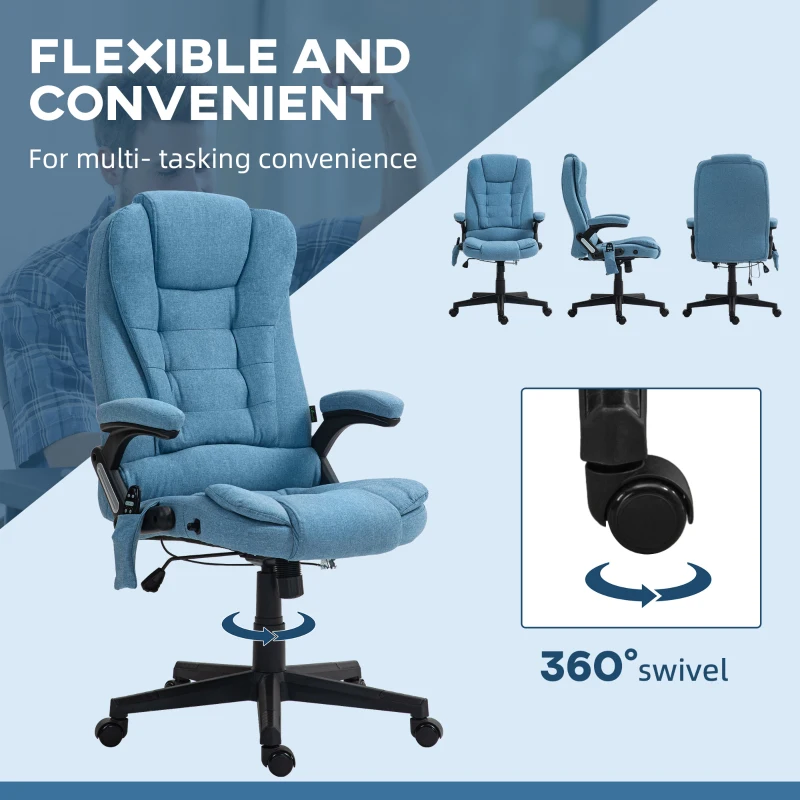 Vinsetto 6 Point Vibrating Massage Office Chair with Heat, Linen High Back Massage Desk Chair w/ Reclining Backrest, Light Blue
