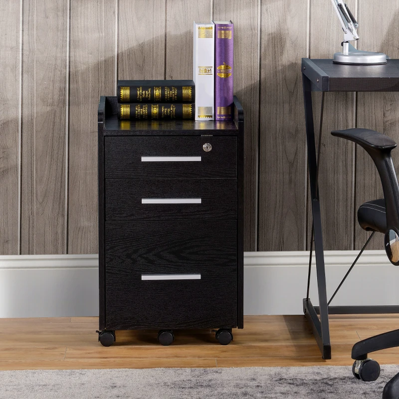 HOMCOM 3 Drawer File Cabinet with Lock and Edged Top, Lockable Filing Cabinet on Wheels for Letter and A4 Size, Black
