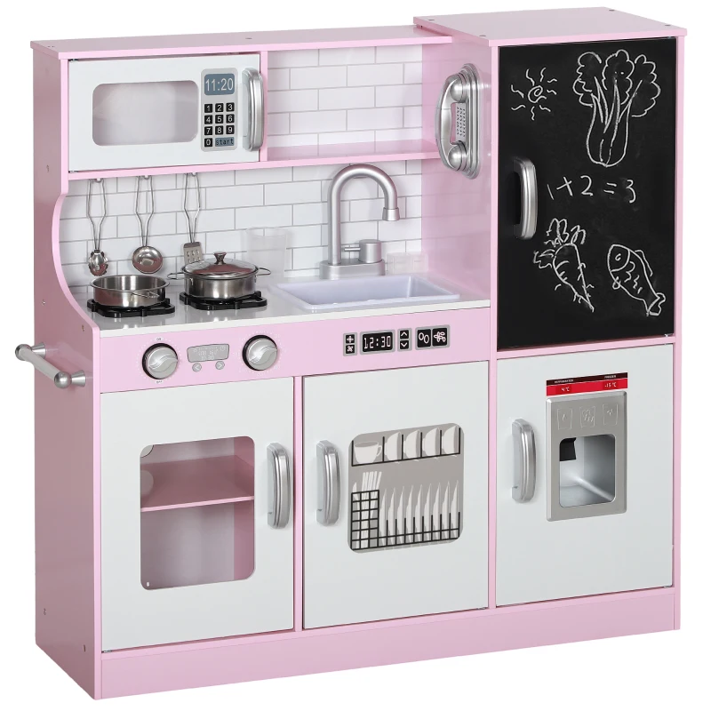 Qaba Play Kitchen for Kids, Kids Kitchen Playset w/ Chalkboard, Ice Maker, Play Phone, Sink, Microwave