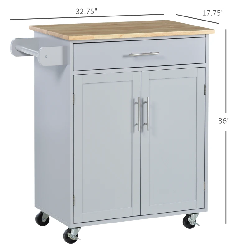 HOMCOM Kitchen Island Cart, Rolling Island Table with Solid Wood Top, Trolley Cart with Drawer, Storage Cabinet & Towel Rack, Gray