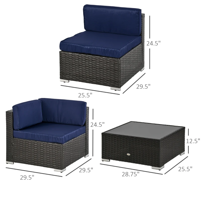 Outsunny 7 Pieces Patio Furniture Set, Rattan Outdoor Conversation Set Garden Wicker Sofa Set, Sectional Furniture, Navy