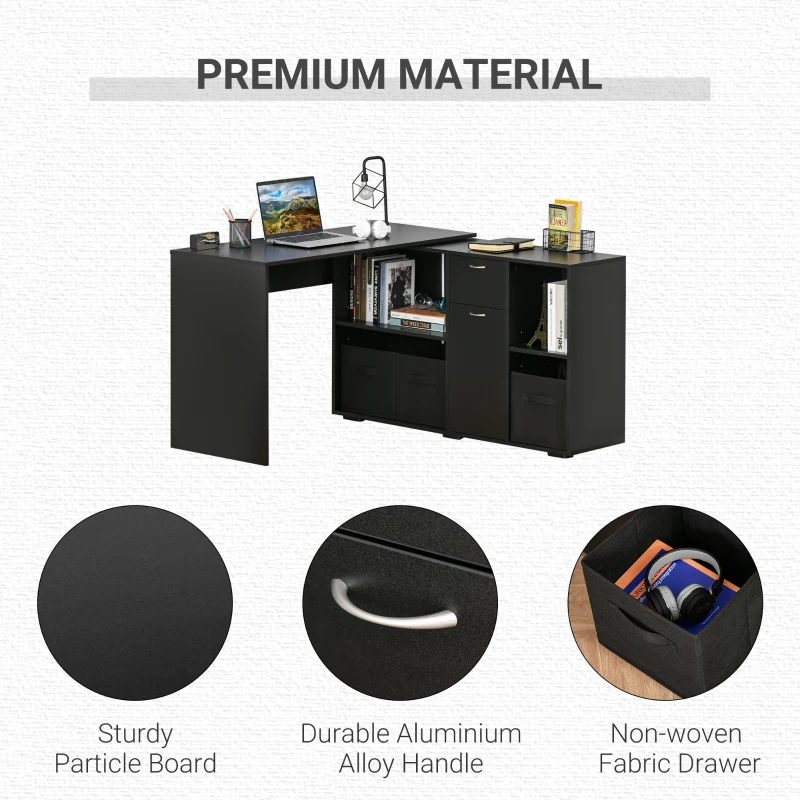 HOMCOM Convertible L-Shaped Computer Desk, Corner Table wth 3 Fabric Storage Boxes, Retractable Home Office Desk, Black