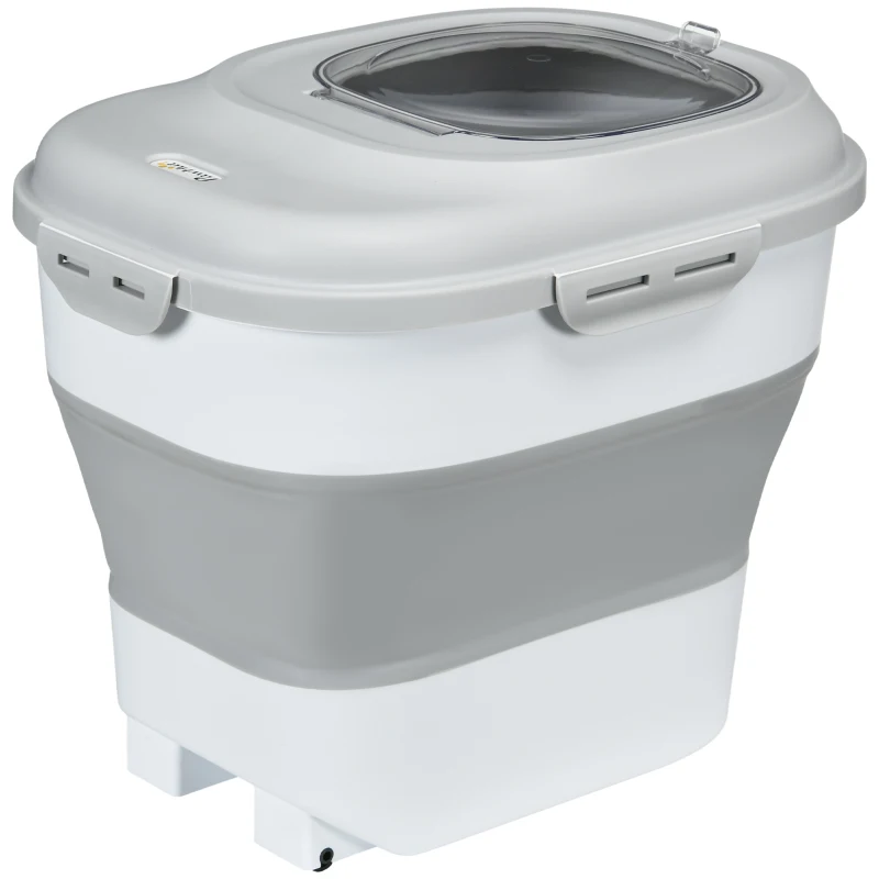 PawHut 6-30lb Dog Food Storage Container Collapsible Design with Airtight Lids, Rolling Wheels, Cup, Bowl, Spoon, Grey