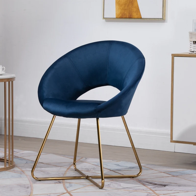 HOMCOM Modern Accent Velvet Chair Open Curved Mid-Back Upholstered Vanity Chair with Gold Plating Metal Legs for Living Room/Office/Reception Blue