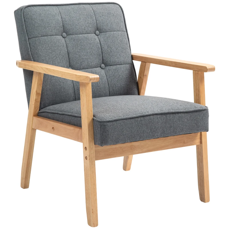 HOMCOM Modern Accent Chair with Button Tufted Back, Line-feel Fabric Armchair with Solid Wood Frame for Bedroom, Grey