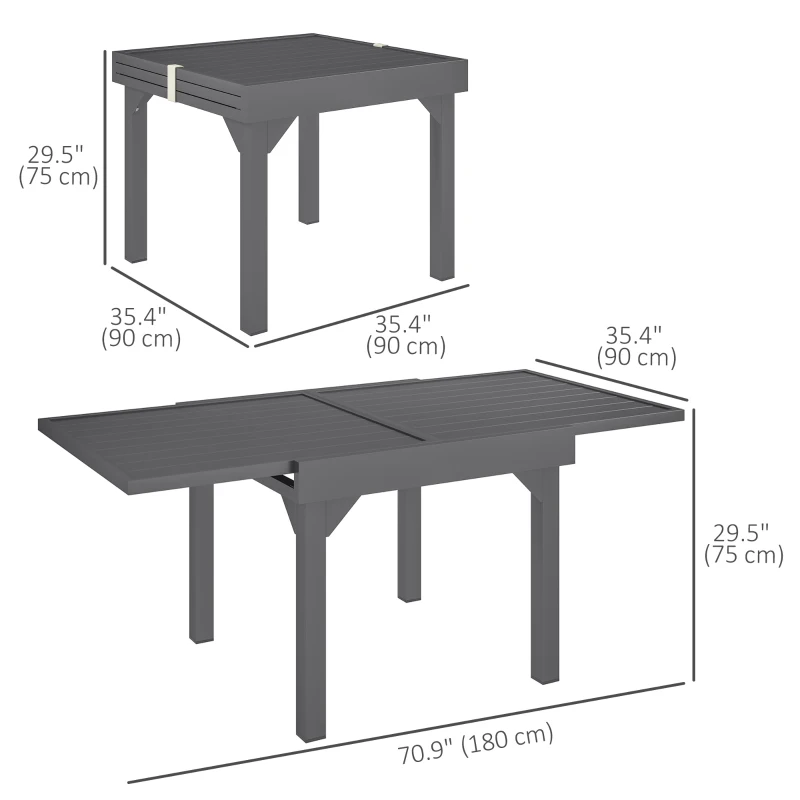 Outsunny 35"-71"  Extendable Aluminium Outdoor Dining Table, Slatted Top Patio Table for 4-6 Person, for Garden, Backyard, Grey