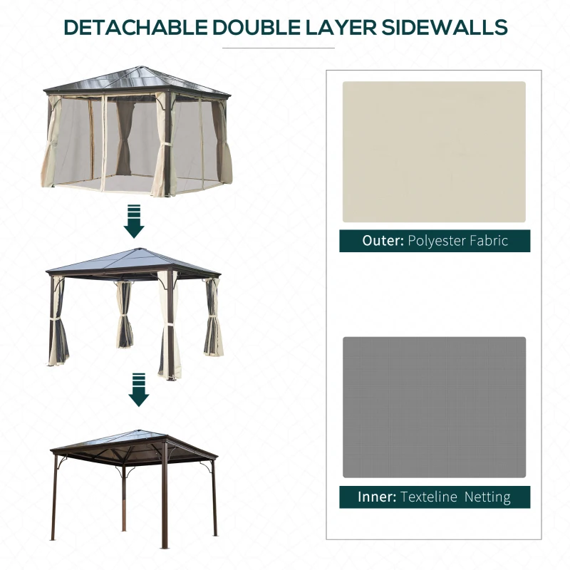 Outsunny 10' x 10' Hardtop Gazebo Canopy with Polycarbonate Roof, Aluminum Frame, Permanent Pavilion Outdoor Gazebo with Netting, for Patio, Garden, Backyard, Deck, Lawn, Black, Beige