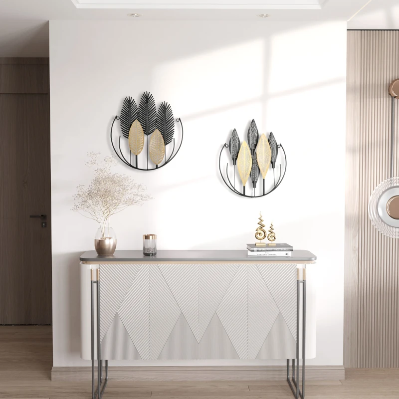 HOMCOM 3D Metal Wall Art Set of 2 Modern Leaves Hanging Wall Sculpture Home Decor for Living Room Bedroom Kitchen 16"x18", Black Yellow