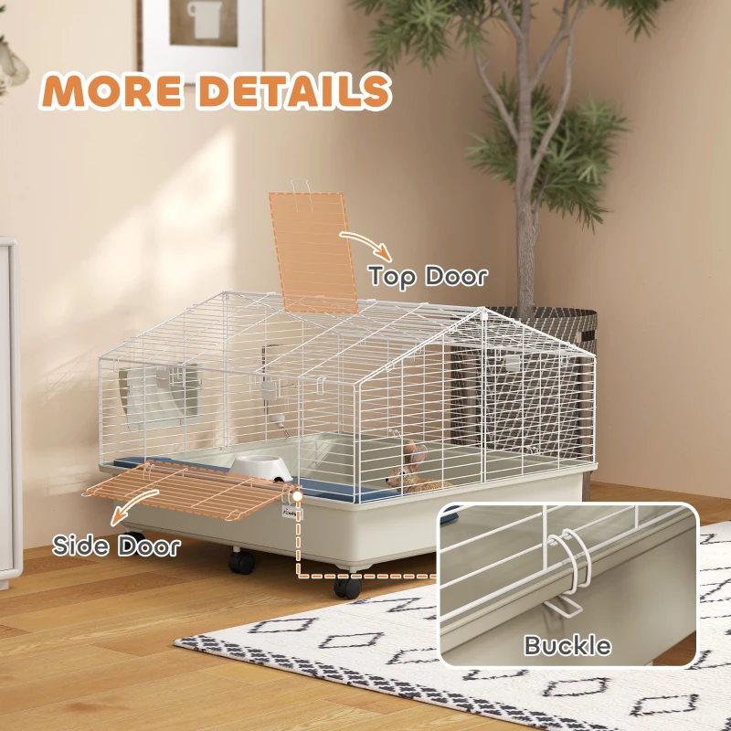 PawHut Rolling Small Animal Cage with Water Bottle, Hay Feeder, Food Dish for Rabbits, Hedgehogs, Guinea Pigs, 35" x 35" x 25"