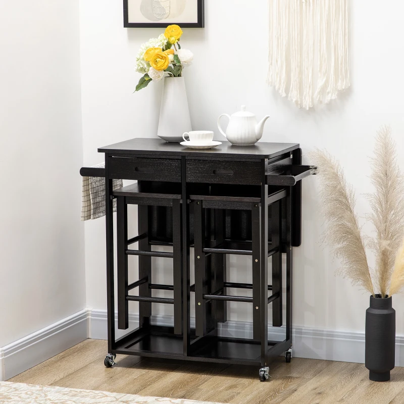 HOMCOM Bamboo Breakfast Cart 3 Piece Kitchen Trolley with Drop Leaf Table and 2 Square Stools, Coffee Brown