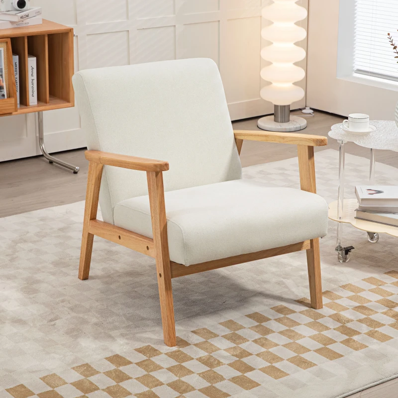 HOMCOM Mid-Century Modern Accent Chair Retro Fabric Armchair Wooden Arm Upholstered Lounge Chair for Living Room Cream White