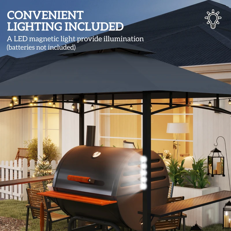 Outsunny 8' x 5' Grill Gazebo, Double Tiered BBQ Gazebo with LED Light, 2 Side Shelves, Hooks and Bottle Opener, Dark Grey