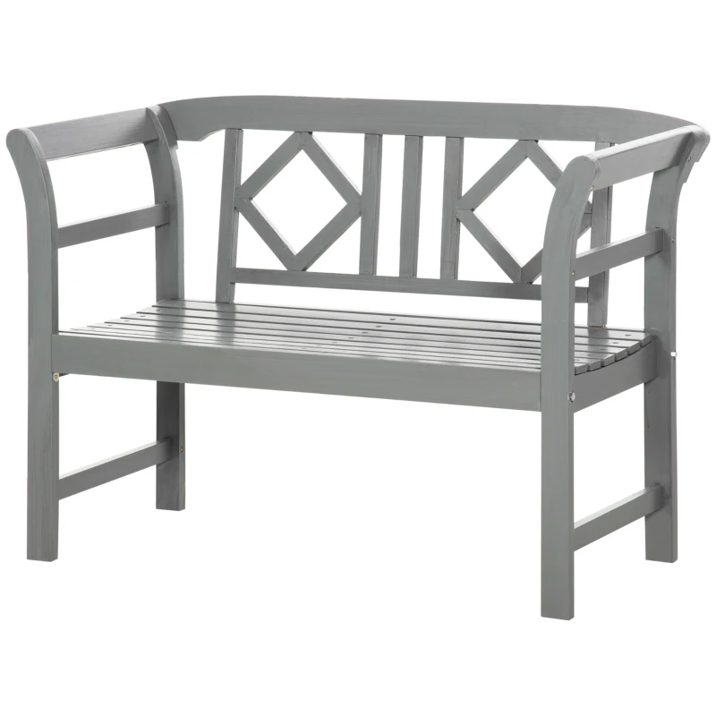 Outsunny Outdoor Wooden Bench, Patio Loveseat Chair with Stylish Pattern Backrest and Armrests for Yard, Lawn, Porch, Dark Gray