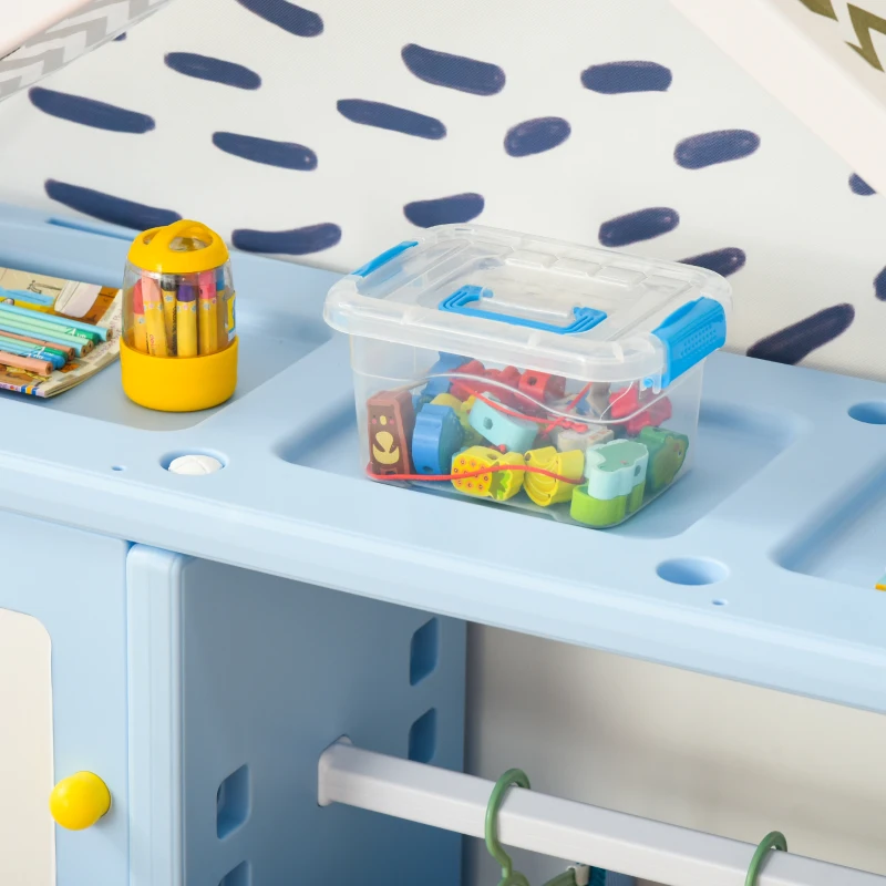 Qaba Kids Dress Up Storage, Multifunctional Kids Wardrobe Closet Hanging Rack Built for Kids Bedroom Storage, Featuring Bins, Cabinets, Top Shelf, and Drop-In Shelves, Blue