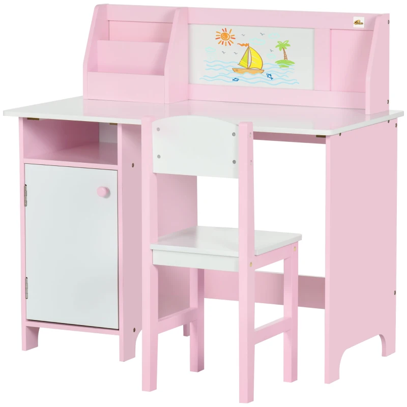 Qaba 2Pcs Kids Desk and Chair Set with Whiteboard, Storage, Shelves, Pink