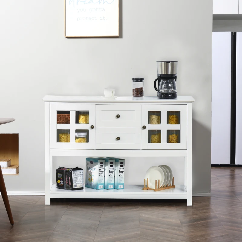 HOMCOM Coffee Bar Cabinet, Kitchen Cabinet with Adjustable Shelves, Glass Doors and 2 Drawers, Sideboard Buffet Cabinet for Living Room, White