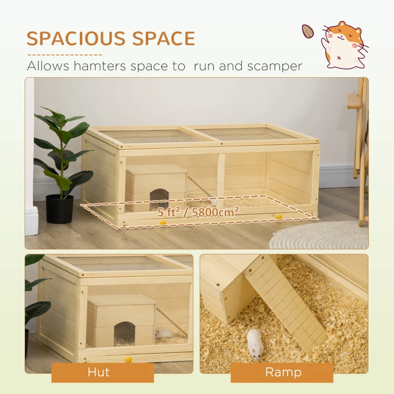 PawHut Small Animals Kit Hutch w/ Sliding Tray, Exercise Play House for Dwarf Hamsters, Gerbils, Chinchillas, Natural Wood