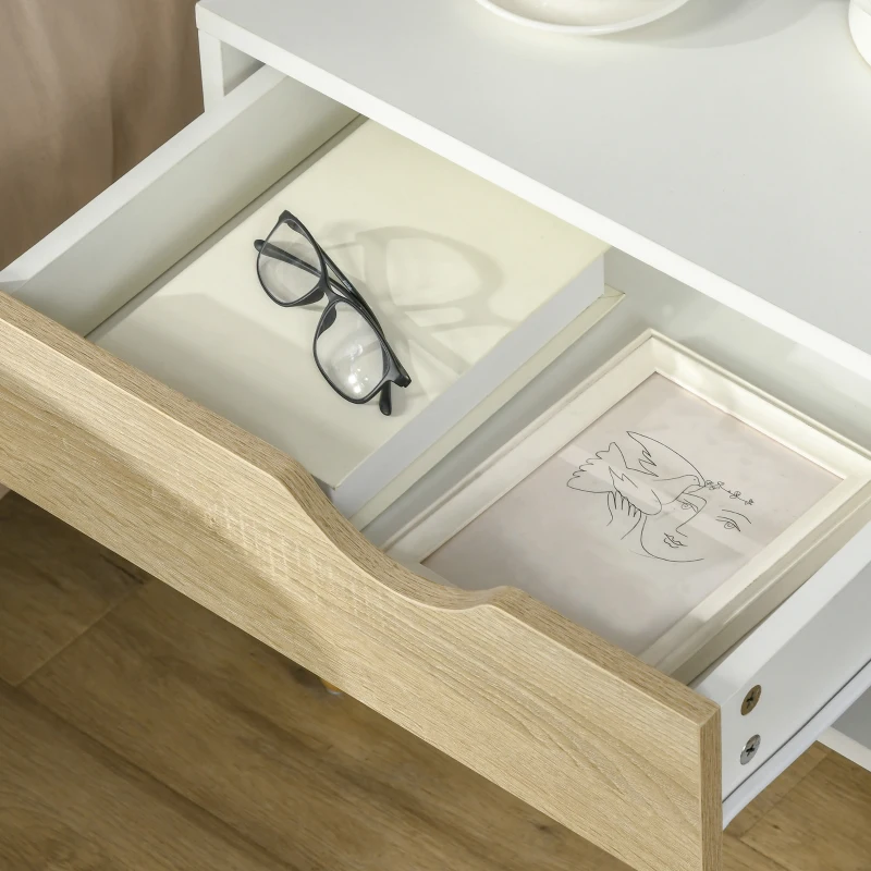 HOMCOM Set of 2 Bedside Table with Drawer and Shelf, Modern Nightstand with Wooden Legs, End Table for Bedroom, White