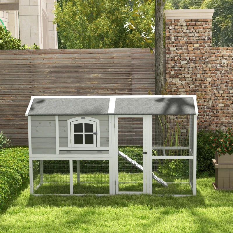 PawHut Wooden Chicken Coop with Run for 3 - 4 Chickens, Hen House with Nesting Box, Removable Tray, Outdoor Poultry Cage, 77.5" x 32.5" x 46", Light Gray
