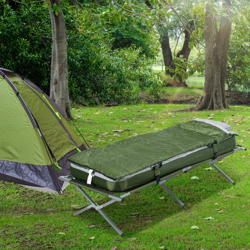 Outsunny Camping Cot, Outdoor Folding Bed Set with Mattress, Sleeping Bag, Pillow, and Carry Bag, Green
