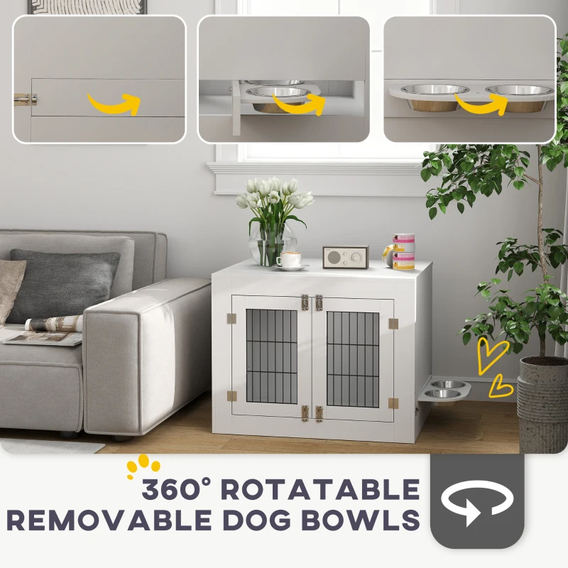PawHut Dog Crate Furniture with 360° Rotatable Removable Dog Bowls, Dog Kennel Furniture for Medium Dogs, White