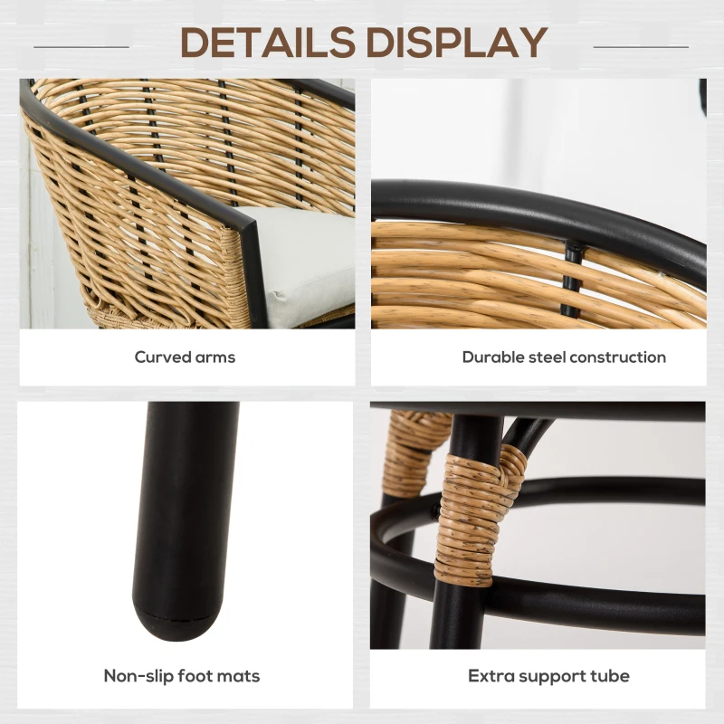 Outsunny 3 Piece Patio Set, Outdoor Bistro Furniture, PE Rattan Wicker Table and Chairs, Cushioned, Barrel Style, Cream White