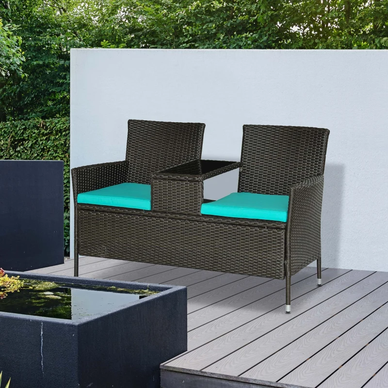 Outsunny Outdoor Patio Loveseat Conversation Furniture Set, Cushions & Built-in Coffee Table, Small 2-in-1 2 Person Seating for Front Porch, Balcony, Blue