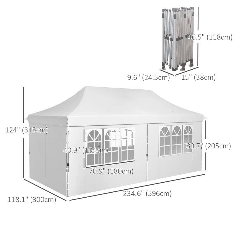 Outsunny 20x10 Pop Up Canopy with 6 Removable Sidewall, Carry Bag and 6 Sand Bags, Height Adjustable Instant Sun Shelter, White
