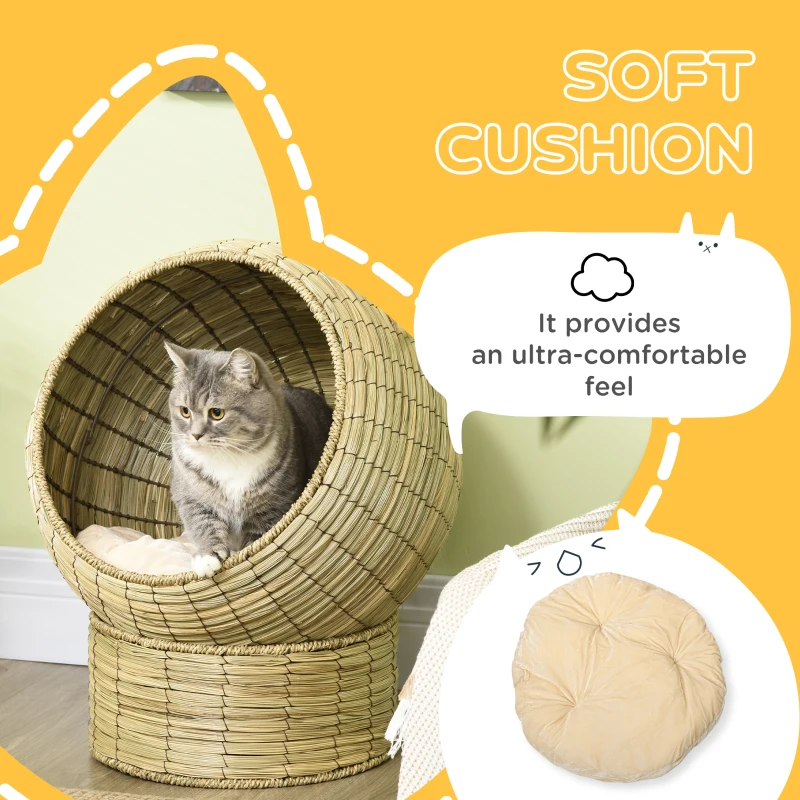 PawHut Handwoven Elevated Cat Bed with Soft Cushion & Cat Egg Chair Shape, Cat Basket Bed Kitty House with Stand, Raised Wicker Cat Bed for Indoor Cats, 23.5" H, Yellow