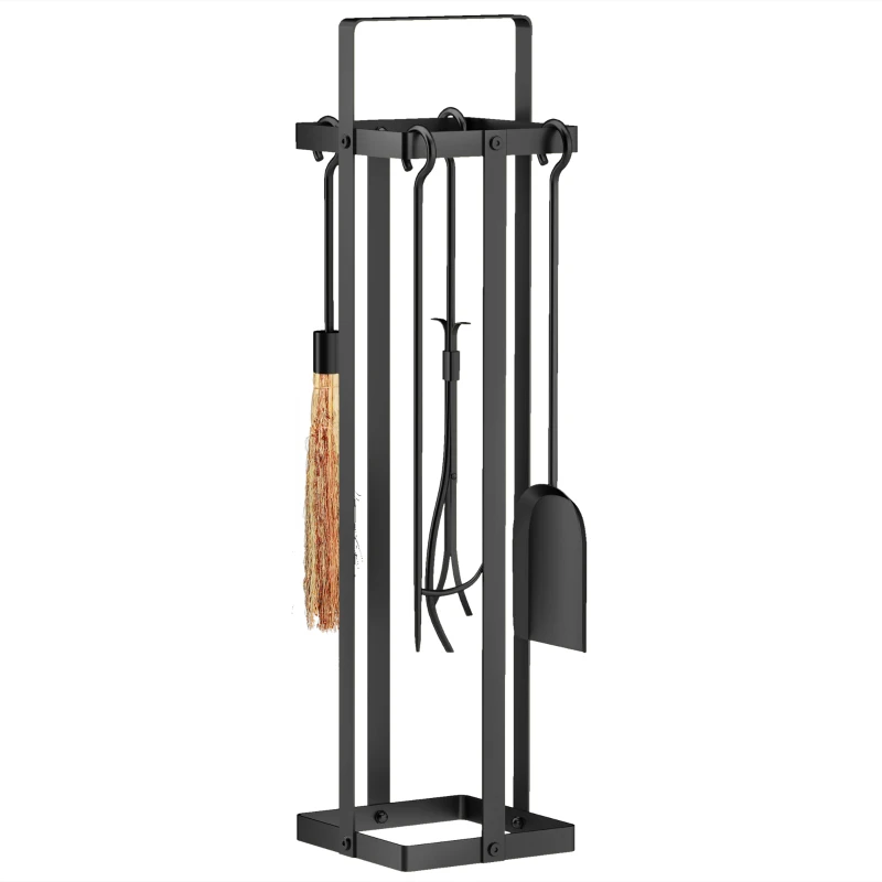 Outsunny 5 Piece Metal Fireplace Tools Set with Brush Broom, Poker, Shovel, Tongs, and Stand for Indoor or Outdoor, Black