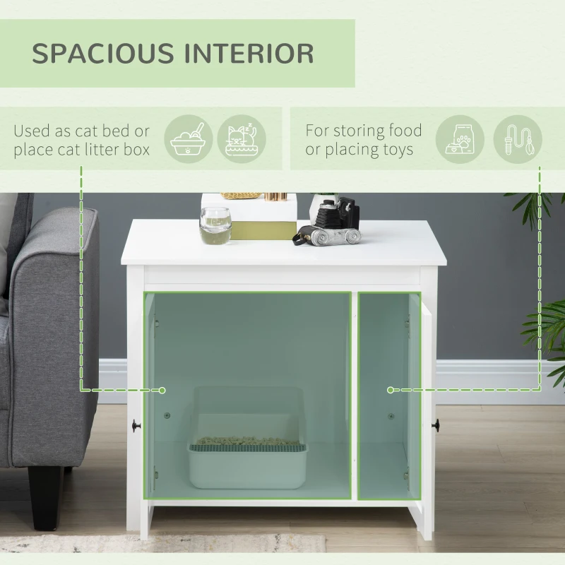 PawHut Cat Litter Box Enclosure with Openable Top, Cat Washroom Storage Side Table with Double Doors, Zinc Alloy Handles, for Indoor Use, White
