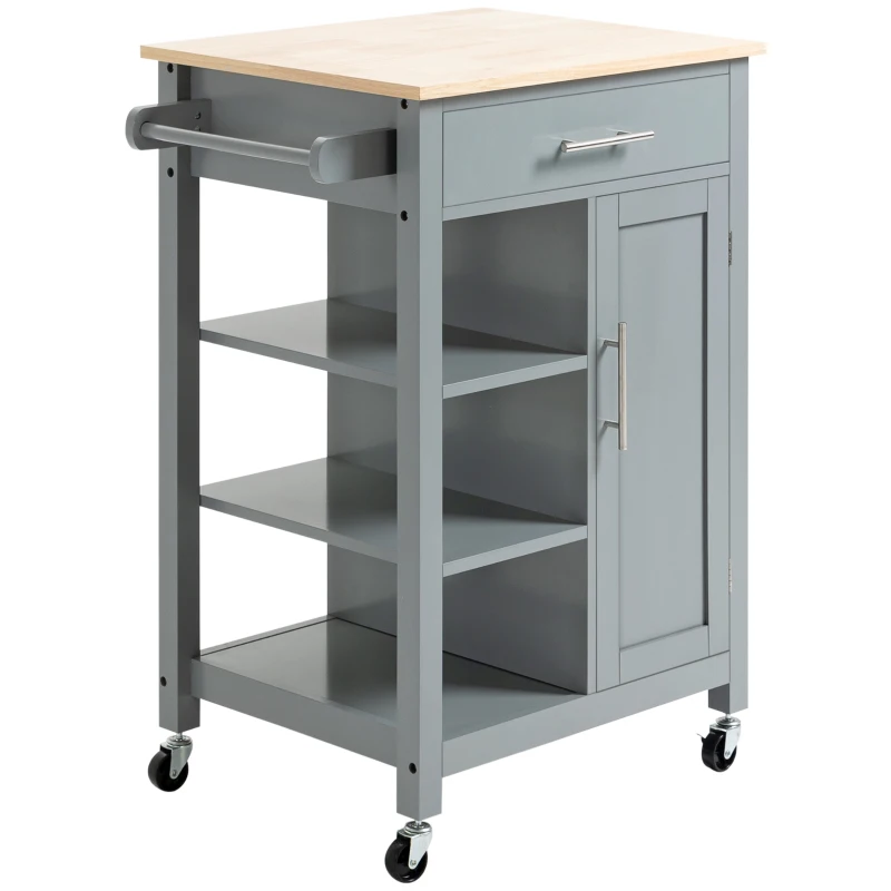 HOMCOM Kitchen Island Cart, Rolling Kitchen Island with Storage Shelf, Solid Wood Top, Drawer, for Dining Room, Gray