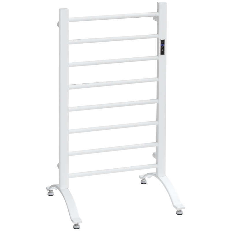 HOMCOM 8-Bar Heated Towel Warmer Rack with Built-in Timer and LED Indicators, Wall Mounted & Free Standing Carbon Steel Electric Towel Bar with Adjustable Temperature, White