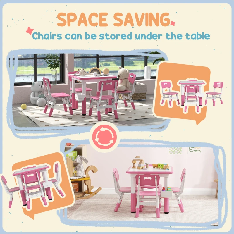 Qaba Height Adjustable 5pc Toddler Table and Chair Set with Storage Box, Easy to Wipe for 18 Months - 5 Years, Pink