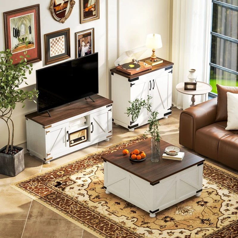 HOMCOM Sideboard Buffet, Kitchen Storage Cabinet with Barn Door and Adjustable Shelves, White and Brown