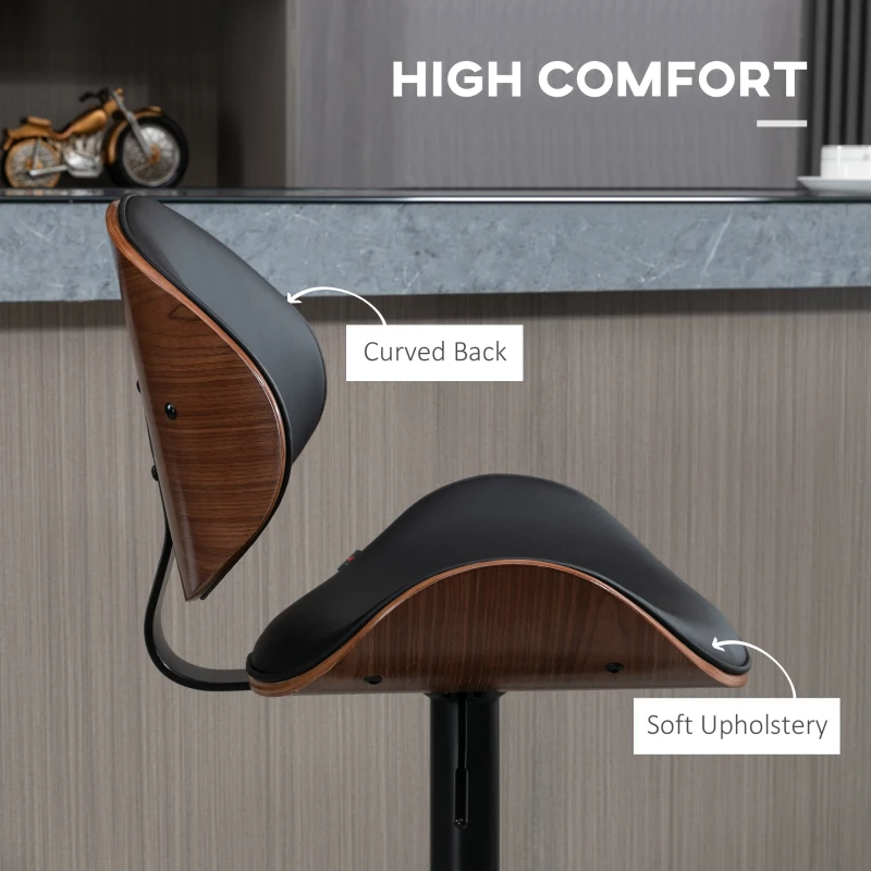 HOMCOM Bar Stools Set of 2, Modern PU Leather Adjustable Swivel Barstools with Curved Back, Footrest and Steel Base, Black